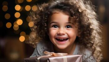 ai generato un' carino, allegro ragazza Tenere un' compleanno regalo, sorridente con gioia generato di ai foto