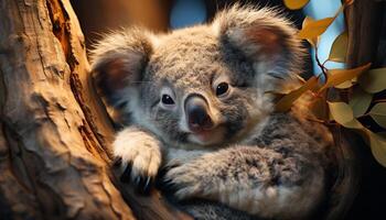 ai generato carino koala seduta su ramo, guardare a telecamera generato di ai foto