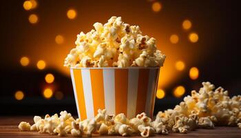 ai generato fresco Popcorn nel un' giallo benna, Perfetto film merenda generato di ai foto