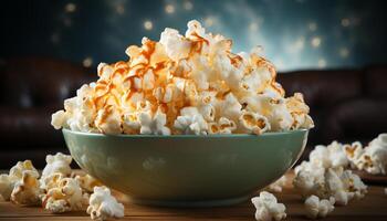 ai generato mais dolce merenda nel un' di legno ciotola, Perfetto per film Guardando generato di ai foto