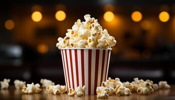 ai generato merenda ciotola su tavolo, Guardando film, godendo rinfreschi in casa generato di ai foto