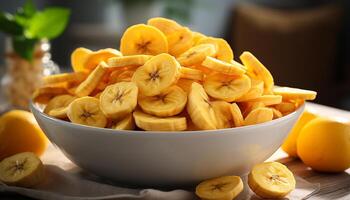 ai generato fresco, salutare frutta ciotola Banana, mela, arancia, fetta, muesli generato di ai foto