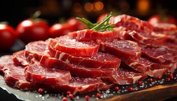 ai generato freschezza e buongustaio su un' rustico piatto, affumicato prosciutto aperitivo generato di ai foto