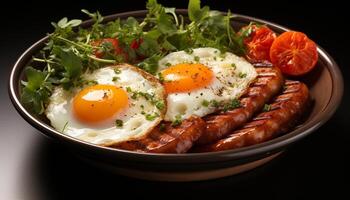 ai generato grigliato Maiale con fresco pomodoro, cucinato carne su piatto generato di ai foto