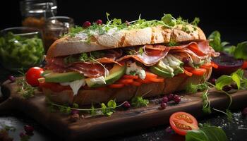 ai generato freschezza su piatto grigliato carne, pomodoro, insalata, Ciabatta Sandwich generato di ai foto