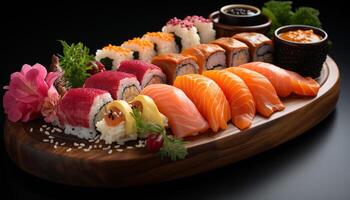 ai generato freschezza su piatto Sushi, sashimi, maki, nigiri, alga marina, avocado generato di ai foto