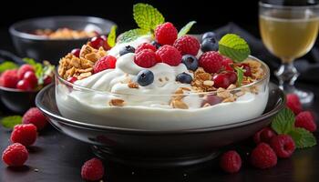 ai generato freschezza e indulgenza nel un' buongustaio bacca parfait con Yogurt generato di ai foto