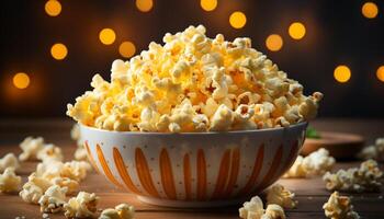 ai generato fresco Popcorn nel un' giallo ciotola, Perfetto film Teatro merenda generato di ai foto