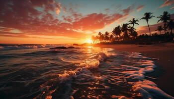 ai generato tramonto al di sopra di il tranquillo costa, natura bellezza nel tropicale Paradiso generato di ai foto