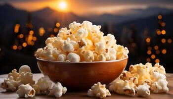 ai generato fresco Popcorn, dolce caramella, e rinfrescante bevanda per film notte generato di ai foto