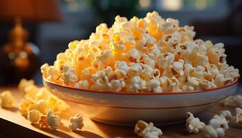 ai generato fresco Popcorn nel un' giallo ciotola, Perfetto film Teatro merenda generato di ai foto