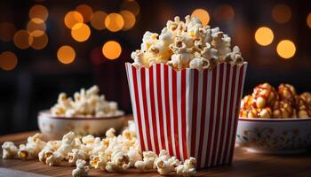 ai generato fresco Popcorn nel a strisce benna, Perfetto merenda per film Guardando generato di ai foto