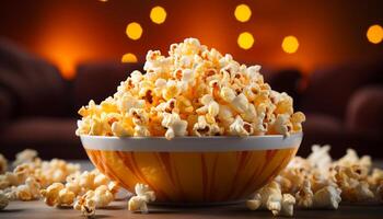 ai generato fresco Popcorn nel un' giallo benna, Perfetto film Teatro merenda generato di ai foto