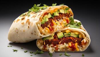 ai generato buongustaio Manzo taco, fresco coriandolo, pomodoro, guacamole, e formaggio generato di ai foto