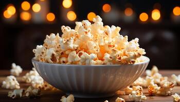 ai generato fresco Popcorn nel un' giallo ciotola, Perfetto film Teatro merenda generato di ai foto