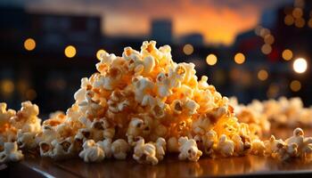 ai generato buongustaio merenda su tavolo, Guardando film nel raggiante Teatro generato di ai foto