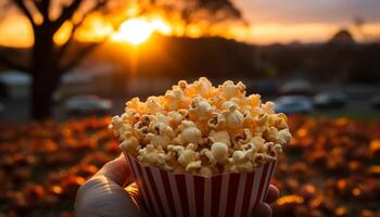 ai generato Guardando un' film all'aperto, godendo natura tramonto merenda generato di ai foto