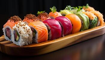 ai generato freschezza su piatto frutti di mare, Sushi, insalata, avocado, cetriolo, nemmeno io generato di ai foto