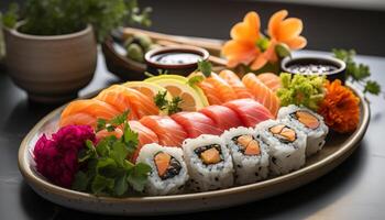 ai generato fresco frutti di mare piatto Sushi, sashimi, nigiri, maki un' buongustaio pasto generato di ai foto