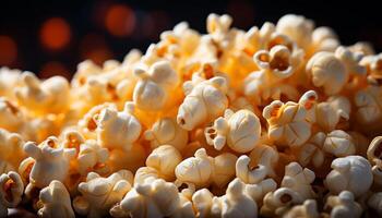 ai generato fresco Popcorn, dolce caramella, Guardando film, divertimento notte a Teatro generato di ai foto