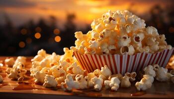 ai generato fresco Popcorn nel giallo benna, Perfetto film Teatro merenda generato di ai foto