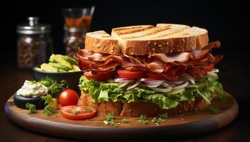 ai generato freschezza su un' di legno piatto grigliato carne Sandwich con verdure generato di ai foto