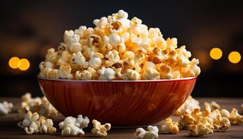 ai generato Guardando film, mangiare Popcorn, godendo dolce e salato rinfreschi generato di ai foto