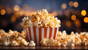 ai generato indulgente film merenda fresco Popcorn nel a strisce cartone contenitore generato di ai foto