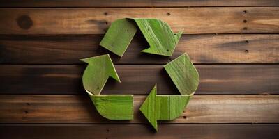 ai generato verde riciclare simbolo su di legno sfondo. generativo ai foto
