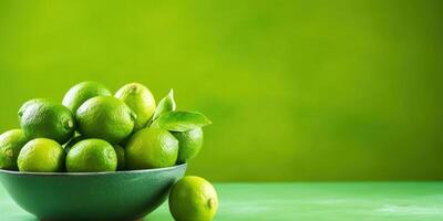 ai generato Limes nel ciotola su tavolo a cucina, verde sfondo e copia spazio. agrume acida frutta. generativo ai foto