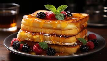 ai generato appena al forno Pancakes con lampone salsa e menta foglia contorno generato di ai foto