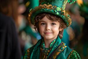 ai generato un' poco ragazzo indossare un' il santo Patrick giorno costume, festeggiare il carnevale nel onore di il nazionale irlandesi vacanza, Irlanda Festival su sfocato sfondo. st. Patrick giorno concetto. foto