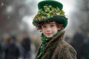 ai generato un' ragazzo indossare un' il santo Patrick giorno costume, festeggiare il carnevale nel onore di il nazionale irlandesi vacanza, Irlanda Festival su sfocato sfondo. st. Patrick giorno concetto. foto