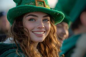 ai generato un' poco giovane donna nel il santo Patrick giorno costume, festeggiare il carnevale nel onore di nazionale irlandesi vacanza, Irlanda Festival su sfocato sfondo. st. Patrick giorno concetto. foto