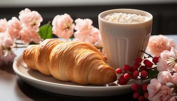 ai generato fresco brioche e caffè su un' tavolo con un' fiore generato di ai foto