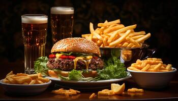 ai generato freschezza e velocità grigliato carne, buongustaio hamburger, preparato Patata generato di ai foto