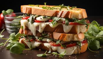 ai generato grigliato carne Sandwich su tostato Ciabatta, fresco insalata su piatto generato di ai foto