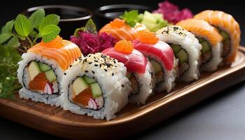 ai generato freschezza su piatto Sushi, sashimi, maki, avocado, Zenzero, alga marina generato di ai foto