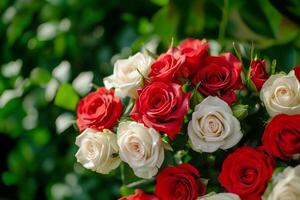 ai generato contrasto eleganza di rosso e bianca Rose foto