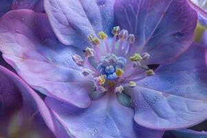 ai generato macro bellezza di rugiada su viola fiore foto