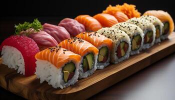 ai generato freschezza e culture su un' piatto Sushi, sashimi, e maki generato di ai foto