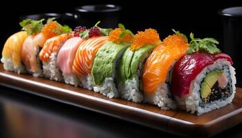 ai generato fresco frutti di mare piatto Sushi, sashimi, maki, avocado, cetriolo, Zenzero generato di ai foto