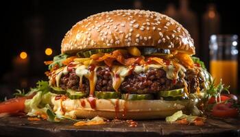 ai generato grigliato buongustaio hamburger con fresco carne, formaggio, e verdure generato di ai foto