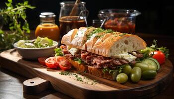 ai generato freschezza su un' di legno tavolo grigliato carne Sandwich con insalata generato di ai foto