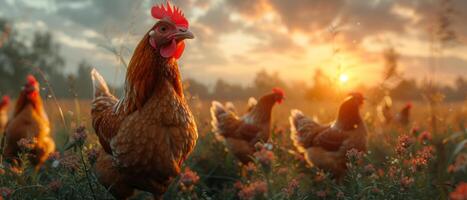 ai generato fotografia galline pascolare su prato a tramonto. gruppo di polli In piedi nel un' campo durante tramonto, foto