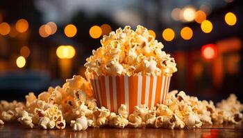 ai generato fresco Popcorn, dolce caramella, Guardando film, buio Teatro, divertimento notte generato di ai foto