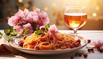 ai generato fresco pasta su di legno tavolo, accoppiato con vino e erbe aromatiche generato di ai foto