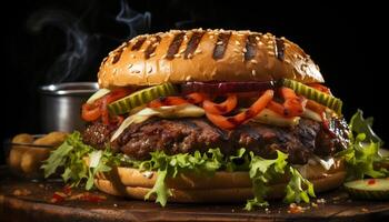 ai generato grigliato Manzo hamburger con formaggio, pomodoro, e fatti in casa ciambella generato di ai foto