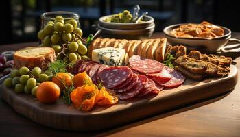 ai generato freschezza e varietà su un' rustico di legno tavolo buongustaio pasto generato di ai foto