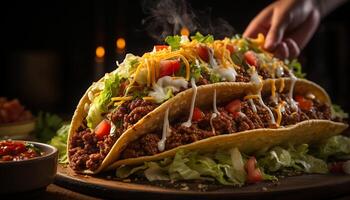 ai generato grigliato Manzo taco con guacamole su focaccia, un' buongustaio merenda generato di ai foto